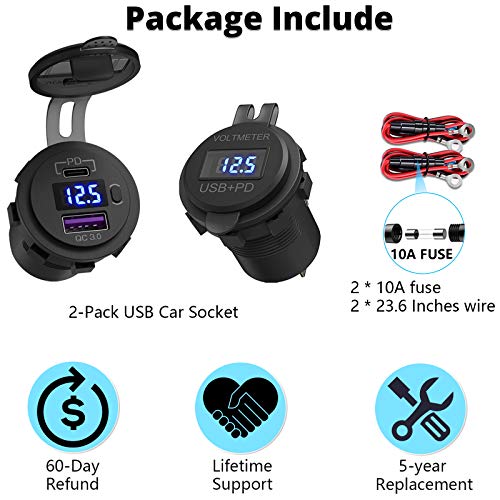 Qidoe 2 Pack PD3.0 20W and QC3.0 18W USB C Car Charger With LED Voltmeter and ON/Off Switch for Boat, RV, Truck, Golf Cart, Motorcycle
