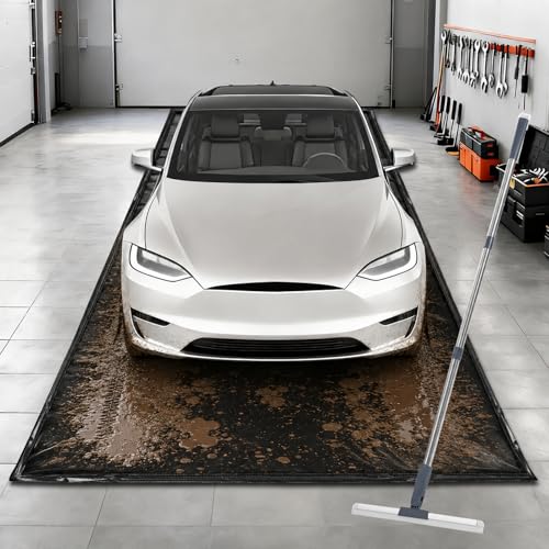 Garage Floor Mat 7'9" x 18', Heavy Duty 1300D PVC Containment Mat with Floor Squeegee, Waterproof Protection from Snow, Rain and Mud for Cars, Black - size: 7'9" x 18'