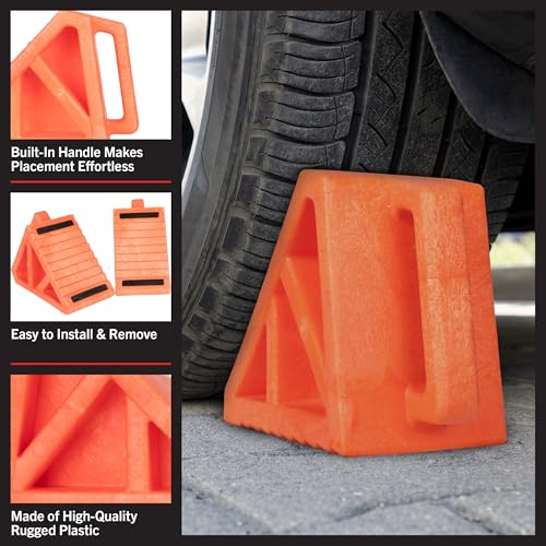 Wheel Chocks 2-Pack - Parking Block Set with 3 Ton Capacity - Wheel Chocks for RV Trailer, Motorcycle, Camper, Trucks, or Cars by Stalwart (Orange)