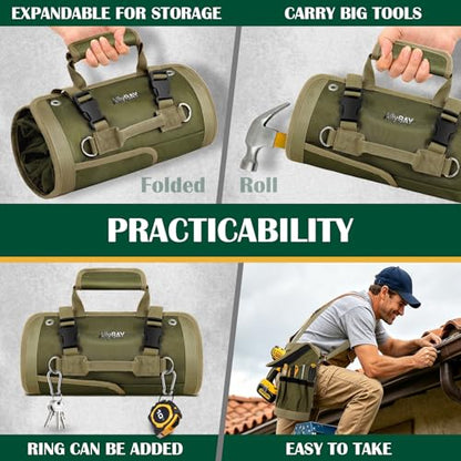 Tool Roll Up Bag Organizer, Heavy Duty Waterproof Tool Roll Bag with Detachable Pouches, Portable Tool Organizer for Mechanic, Electrician, Car Truck Motorcycle Tool Storage, Green