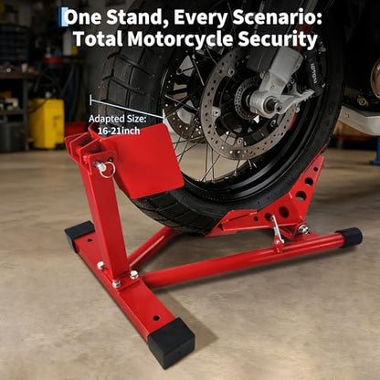 Global Heavy-Duty Motorcycle Wheel Chock & Stand - 1500LB Capacity - Adjustable Holder for 12''-21'' Tires - Secure Suspension for Trailers, Garages, Cruiser, Sport & Dirt Bikes - Red, Tire Size 12-21 - size: 12-21