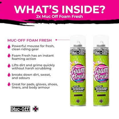 Muc-Off Foam Fresh 2-Pack | Cleaner Foam for Gloves, Pads, Boots & Riding Gear | Instant Foaming Action Removes Dirt, Sweat & Odours | Universal Fit | Fresh Smell & Long-Lasting Fabric Care
