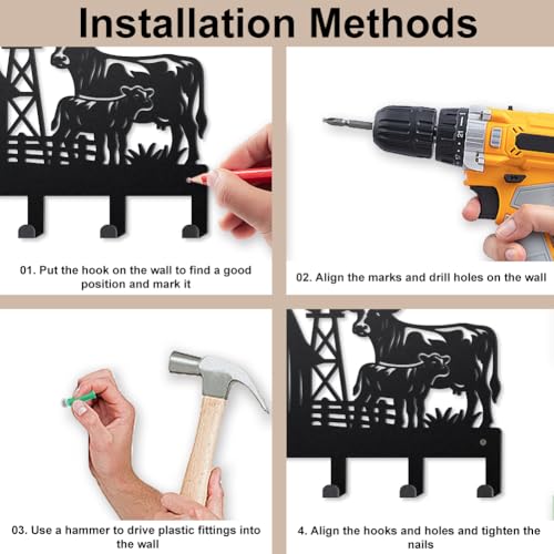 MAYJOYDIY Farmhouse Metal Key Hook Cows Livestock Coat Rack Wall Mounted 15.7×9.8inch Art Wall Decor Key Holder Organizer Rack with 6 Hooks for Gift Coats Hats Towels Bags Hanging - style: Farmhouse