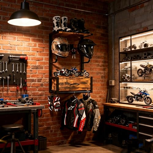 Motorcycle Helmet Holder Wall Mounted with 4 J-hooks& 4 Clip Hooks, Motorcycle Helmet Rack with Drawer for 2 Helmets & Riding Suits, Hanging Protective Gear Shelf for Entryway or Garage
