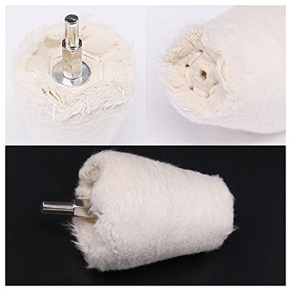 Swpeet 5 Pcs Cone-Shaped White Flannelette Polishing Wheel Grinding Head with 1/4" Handle for Metal Aluminum/Stainless Steel/Chrome/Jewelry/Wood/Plastic/Ceramic/Glass
