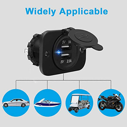 Riseuvo 2 Pack USB Charger Socket - 12v Dual USB Power Outlet 2A/1A Power Adapter for Car Marine Motorcycle ATV RV, with Wire Fuse DIY Kit