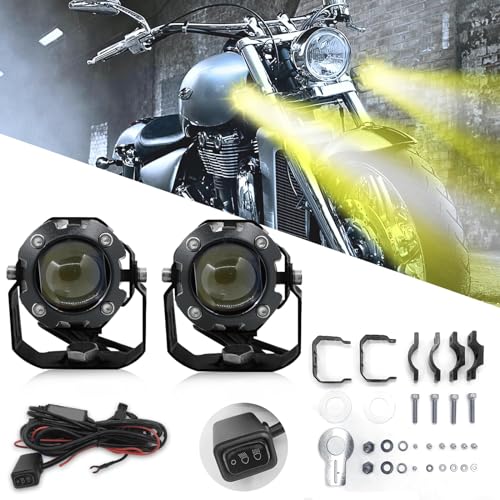 Motorcycle Driving Lights,60W Motorcycle Spotlight Waterproof Super Bright Dual Color 3 Modes LED Auxiliary Work Fog Light with Wiring Harness Kit for Truck Car SUV ATV…