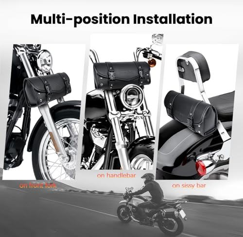 Motorcycle Tool Fork Bag Waterproof PU Leather Roll Bag Universal Front Fork Handlebar Sissybar Storage Suitable for Harley Honda Suzuki Kawasaki (Black Classic Buckle)