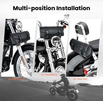 Motorcycle Tool Fork Bag Waterproof PU Leather Roll Bag Universal Front Fork Handlebar Sissybar Storage Suitable for Harley Honda Suzuki Kawasaki (Black Classic Buckle)