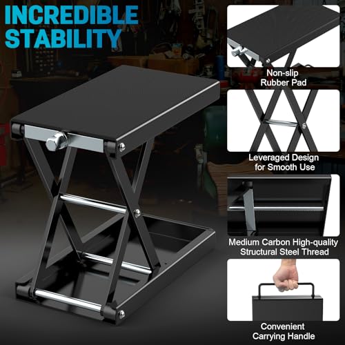 Heavy-Duty Motorcycle Lift Stand, Black Steel, 1100 LBS Capacity | Wide Anti-Slip Deck, J Crank Handle & Socket, Scissor Lift Design, For Cruisers, Dirt Bikes, Street Bikes, ATVs