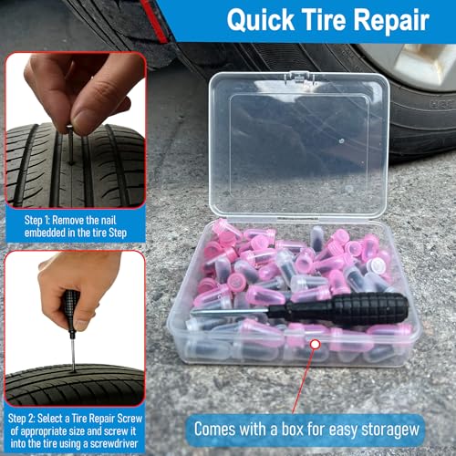61PCS Tire Repair Rubber Nails Kit .Tire Screw Plug Repair Kit with Box and Screwdriver, Self Screw in Tire Repair Plugs for Car, Motorcycle, Truck, Tractor Tire Puncture Repair