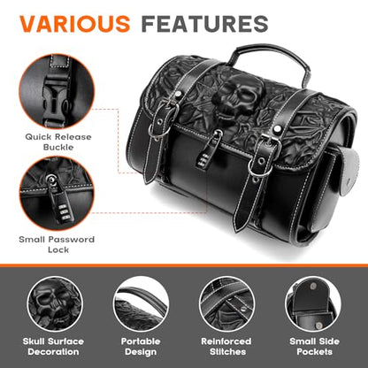 Rogierra Punk Motorcycle Front Fork Bag for Cruiser Motorcycles,Leather Motorcycle Tool bag Handlebar Bag with Reinforced Straps Waterproof bag with Lock design,14L - style: Embossed Skull Pattern With Lock Design