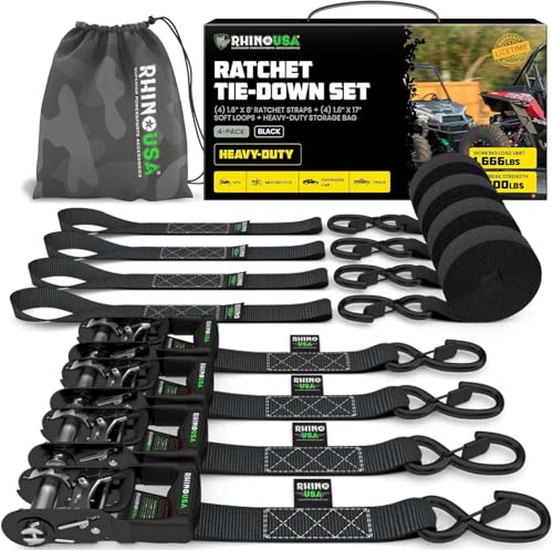 Rhino USA Ratchet Straps Heavy Duty Kit (4-Pack) - 1.6 Inch x 8 Feet Min Break Strength (5,000) - Ultimate Tie Down Straps with Safety S Hooks for Trucks, ATV, UTV, Motorcycle, Cargo & More - Black - color: Black, size: 8ft - 4 Pack