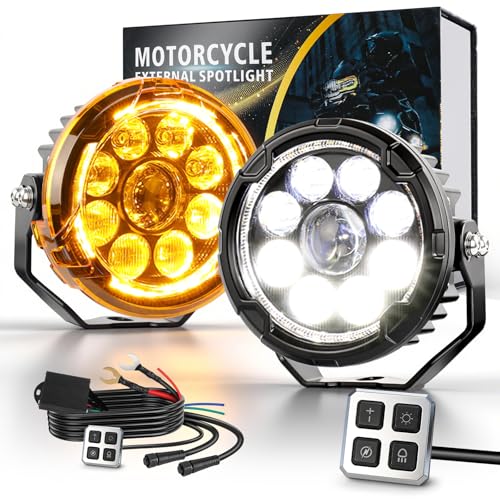 CO LIGHT 4.5 Inch Motorcycle Fog Lights 120W White/Yellow Auxiliary Lights Hi/Lo Beam Amber/White DRL with Amber Mask and Dimming Wiring Harness for Motorcycle ATV UTV ADV Night Riding - color: D040WY