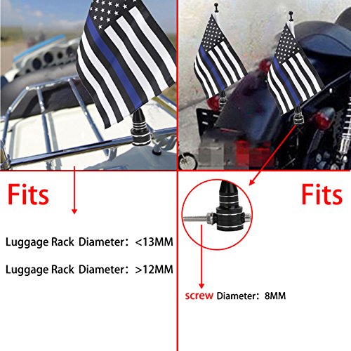 Thin Blue Line American Flag with Black Motorcycle Flagpole Mount for Harley Honda Goldwing CB VTX CBR Yamaha - Fits 1/2" Round Luggage Rack - color: Blue Line American Flag Black Flagpole