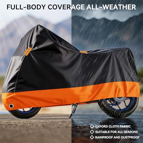 Motorcycle Cover Waterproof Outdoor, 210D Oxford All-Weather Rain Dust Protection with Lock Holes & Sealed Seams