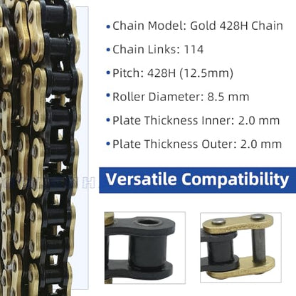 428H Drive Chain 114 Link with 6pcs Connecting Master Link Compatible with 50cc 70cc 90cc 110cc Motorcycle Bike ATV Quad Go Kart 4 Wheeler Seamless Small Tube with Chain Breaker - size: 114 Link