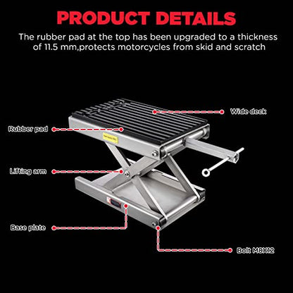 CXRCY 1200 LBS Motorcycle Lift Scissor Jack Stainless Steel Finish Upgraded Dirt Bike ATV Steel Motorcycle Hoist Stand with Ratchet Wrench,Crank Handle,Thickened Rubber Pad,Wide Deck - color: 1200 LBS Stainless Steel