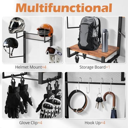 TheElves Motorcycle Helmet Holder Wall Mount, Heavy-Duty Helmet Rack with 4 Helmet Holder & 4 Glove Clips & 4 Hooks, Rustic Wooden Motorcycle Gear Storage Organizer for Helmets, Jackets, Accessories