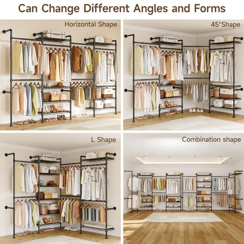 ONBRILL H4 Wall Mounted Closet System, Expandable Industrial Pipe Clothes Rack Clothing Rack for Hanging Clothes, Heavy Duty Closet Organizers and Storage in Wardrobe Closet - color: Black
