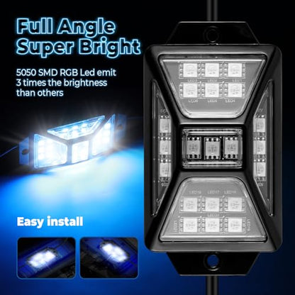 8 Pods Full Angle RGB Rock Lights Compatible with 12V Trucks Jeep UTV SUV ATV Boat Golf Cart, Waterproof, Multi-Color,Brake Light, App/Remote Control Led Rock Lights with Music Mode(Patented) - size: 8 Pods-Full Angle-(New 3 Control Mode)-12V