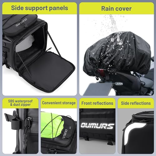 Oumurs 45-60L Expandable Waterproof Motorcycle Tail Bag with Rain Cover & Strap, Reflective All-Weather Trunk Rack Bags, Dual-Use Backpack for Large Capacity Storage, Motorcycle Luggage Rack Bags