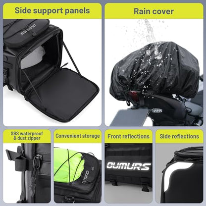 Oumurs 45-60L Expandable Waterproof Motorcycle Tail Bag with Rain Cover & Strap, Reflective All-Weather Trunk Rack Bags, Dual-Use Backpack for Large Capacity Storage, Motorcycle Luggage Rack Bags