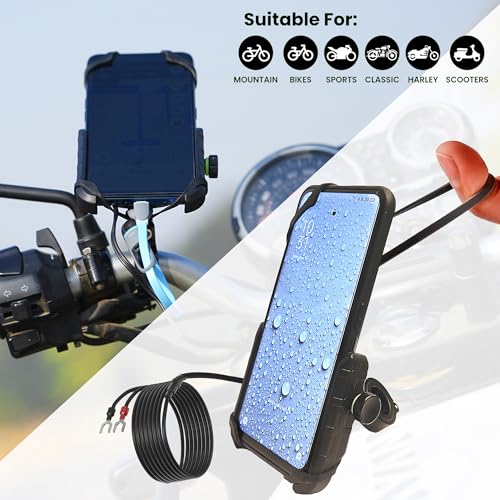 GRAND PITSTOP Bike Phone Mount Holder USB Charger Handlebar Mount, Camera Friendly, Aluminum Motorcycle Phone Mount, with 12/24V Motorcycles Quick Charge for 4.5-7 Inch Phones (Blue)