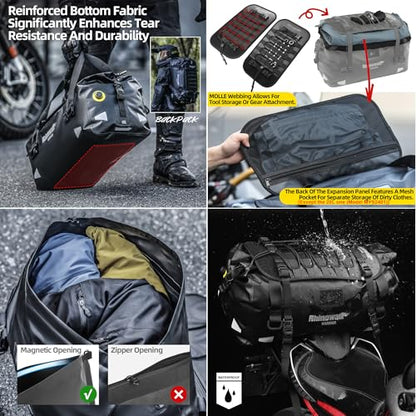 Rhinowalk Motorcycle Saddle Bag 20L – 100% Waterproof Rear Seat Tail Bag with Roll-Top Magnetic Closure, Backpack Convertible - size: 20L