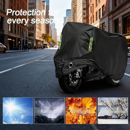 Motorcycle Cover All Season,Universal Weather Quality Waterproof Sun Outdoor Protection Scooter Shelter Tear Proof Night Reflective & Lock-Holes Storage Bag Fits up to 97" Motorcycles