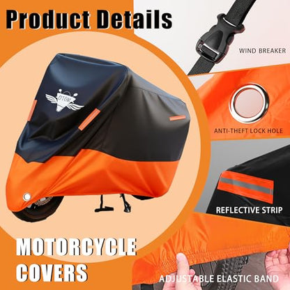 Motorcycle Cover, 300D Heavy Duty All Season Universal Windproof Dustproof Rain Sun Protection with 4 Night Reflectors Lock-Hole Carrying Bag Up to 104" (XXL) - size: XXL