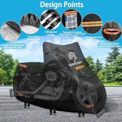 Motorcycle Cover Waterproof Outdoor Storage,600D Heavy Duty Oxford Fabric,4 Reflective Strips,Lock Holes & License Plate Window(L 76"X 37"X 43") - size: L(76"x37"x43")