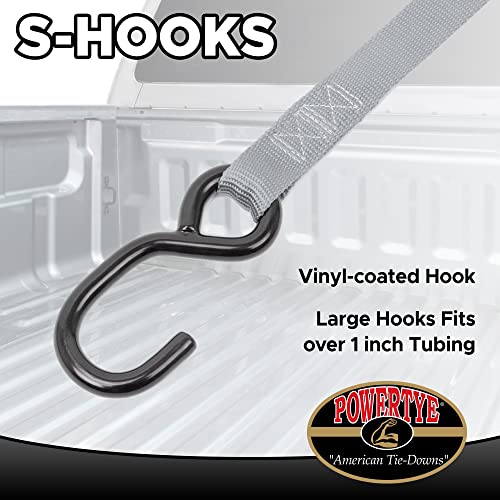 PowerTye 1in x 5.5ft Cam Buckle Tie-Downs w/S-Hooks - 400 lb. WLL / 1,200 lb. Breaking Strength - Made in USA - Silver (Pair) - color: Silver Strap