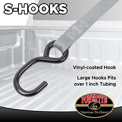 PowerTye 1in x 5.5ft Cam Buckle Tie-Downs w/S-Hooks - 400 lb. WLL / 1,200 lb. Breaking Strength - Made in USA - Silver (Pair) - color: Silver Strap