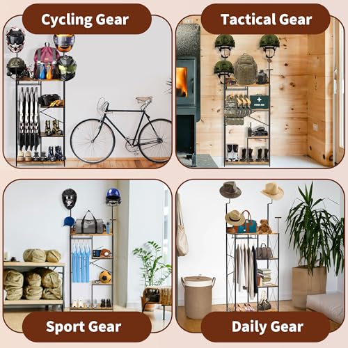 Floor Standing Motorcycle Helmet Holder, Large Motorcycle Gear Rack 4 Helmet Hanger, 3 in 1 Gear Storage Helmet Storage Rack (Black)
