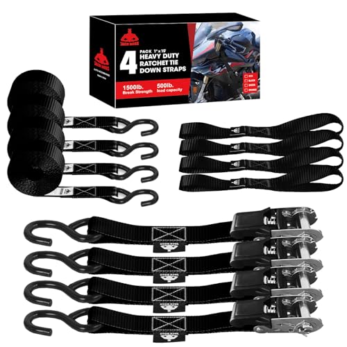 Jack Boss Ratchet Tie Down Straps Set,1500 lbs Break Strength, 1" x 15' Heavy Duty Ratchet Straps with 4X Soft Loops Padded Handles Coated S Hook, Fits for Moving Appliances Motorcycle ATV Truck,Black - color: Black