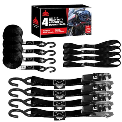 Jack Boss Ratchet Tie Down Straps Set,1500 lbs Break Strength, 1" x 15' Heavy Duty Ratchet Straps with 4X Soft Loops Padded Handles Coated S Hook, Fits for Moving Appliances Motorcycle ATV Truck,Black - color: Black