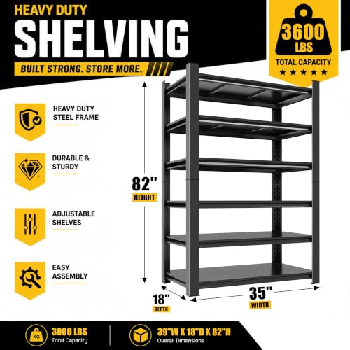 Metal Garage Shelving 6 Tier, Heavy Duty Garage Storage Shelves, Adjustable Steel Shelving Unit, Tall Metal Storage Rack for Garage Warehouse Workshop, Black, 39" W x 18" D x 82" H - size: 6TIER-39"W X 18"D X 82"H