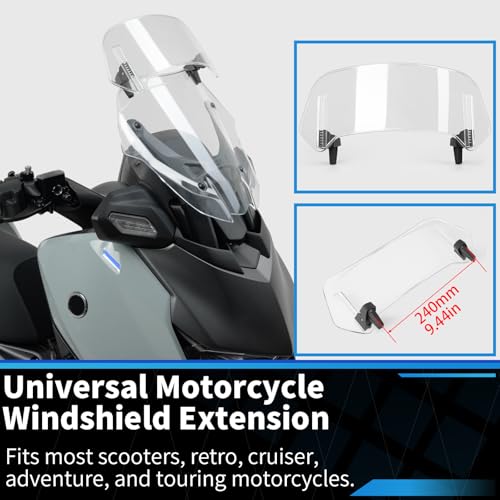 350*150mm Motorcycle Windshield, PC Plastic Front Fairing Windscreen No-Drill Mount, Heightened Design Wind Screen Windshield Spoiler Air Deflector Fits Cruiser/Touring/Retro/Scooter (Clear)
