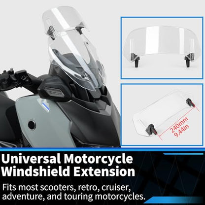350*150mm Motorcycle Windshield, PC Plastic Front Fairing Windscreen No-Drill Mount, Heightened Design Wind Screen Windshield Spoiler Air Deflector Fits Cruiser/Touring/Retro/Scooter (Clear)