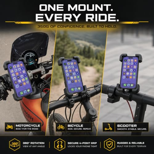 Cycle Phone Mount, 4.5-7" Smart Phones, Handlebar Grip Mount with Vibration Dampening System, Secure Quick-Release Design for Motorcycles and Bicycles
