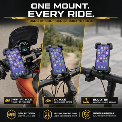 Cycle Phone Mount, 4.5-7" Smart Phones, Handlebar Grip Mount with Vibration Dampening System, Secure Quick-Release Design for Motorcycles and Bicycles