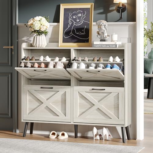 Maupvit Large Shoe Storage Cabinet with 4 Flip Drawers, Narrow Shoe Cabinet for Entryway with Wooden Legs, Freestanding Hidden Shoe Rack Organizer ＆ Metal Hinges, Beige - color: Beige, style: 4-Drawers