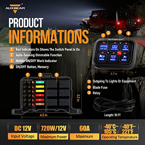 Auxbeam 6 Gang Switch Panel BC60 Universal Circuit Control Relay System Automatic Dimmable LED Switch Pod Touch Control Panel Switch Box for Car Truck Pickup Boat UTV SUV - Blue, 3 Years Warranty - size: 6 Gang, style: Blue (Without APP)