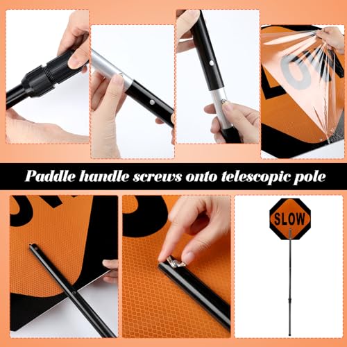 Kanayu 1 Pcs 18x18 Inch Double Sided Stop/Slow Paddle Signs Reflective Stop Slow Sign Flagger with Telescopic Pole Handheld Guard Paddle for Road Traffic Construction - color: Black, size: 18'' Paddle Sign 60" Pole