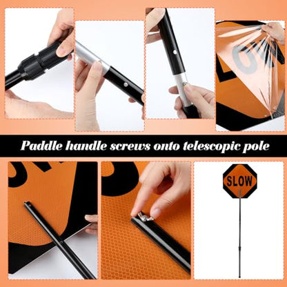Kanayu 1 Pcs 18x18 Inch Double Sided Stop/Slow Paddle Signs Reflective Stop Slow Sign Flagger with Telescopic Pole Handheld Guard Paddle for Road Traffic Construction - color: Black, size: 18'' Paddle Sign 60" Pole