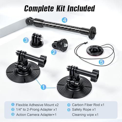 Geyo Flexible Adhesive Helmet Mount, Flat and Curved Action Camera Base | Carbon Fiber Arm, 1/4" Camera Base Adapter, Safety Rope, POV Angle, Compatible with Insta360, GoPro, DJI Action Cameras