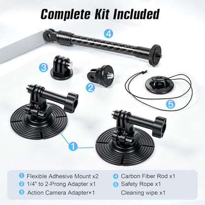 Geyo Flexible Adhesive Helmet Mount, Flat and Curved Action Camera Base | Carbon Fiber Arm, 1/4" Camera Base Adapter, Safety Rope, POV Angle, Compatible with Insta360, GoPro, DJI Action Cameras