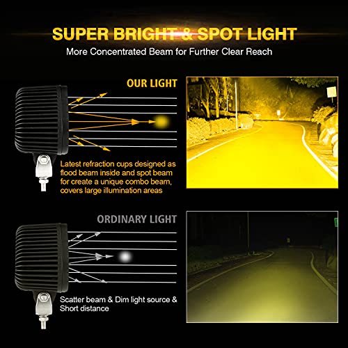 Auxbeam 4in 90W Led Amber Fog Light, Super Bright 9000LM LED Off Road Light Yellow Spot Flood Combo Triangle Led Pod for Jeep Motorcycle SUV Trucks Boat - color: Yellow & Spot Flood Combo