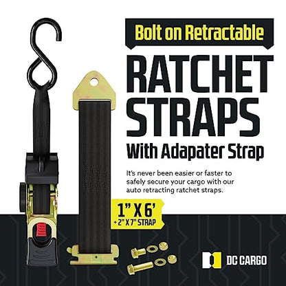 DC Cargo Mall Retractable Ratchet Straps - E-Track and Bolt-On Mounting Options (2 Pack) 1" x 6' - 4,000lbs Break Strength Heavy Duty Auto Self Retracting Tie Down Straps - color: Bolt On + Etrack, size: 1" x 6'